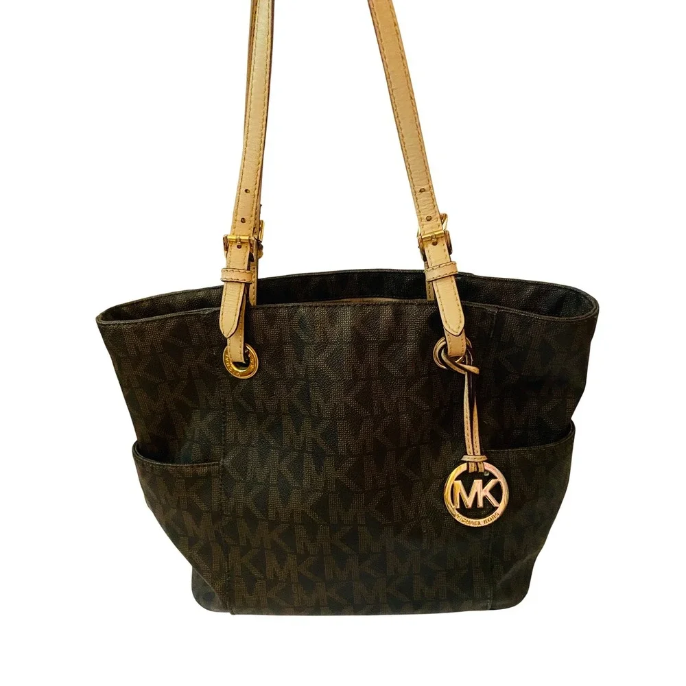 Michael Kors Jet Set Travel Tote Bag Brown Signature Logo MK Gold Hardware